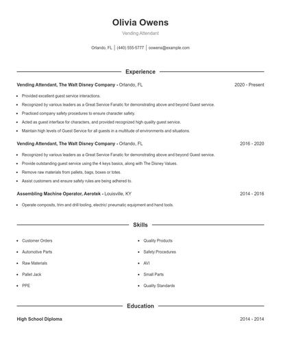 Vending Attendant Resume
