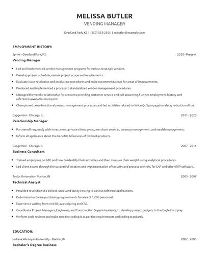 Vending Manager Resume