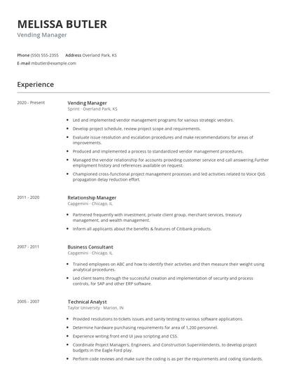 Vending Manager Resume
