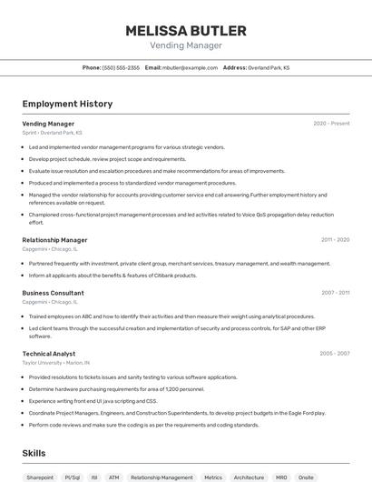 Vending Manager Resume