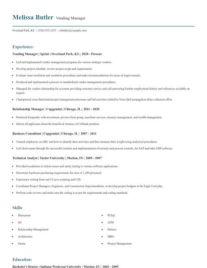 Vending Manager Resume