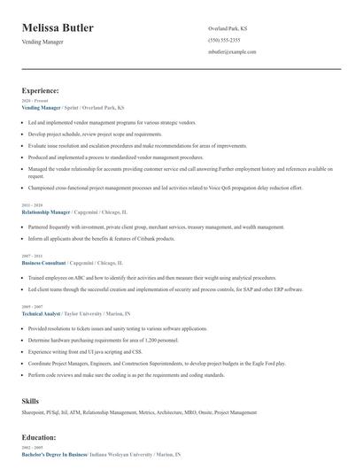 Vending Manager Resume