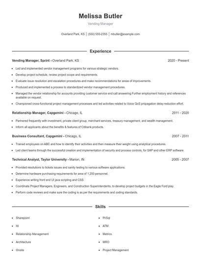Vending Manager Resume