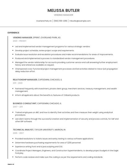 Vending Manager Resume