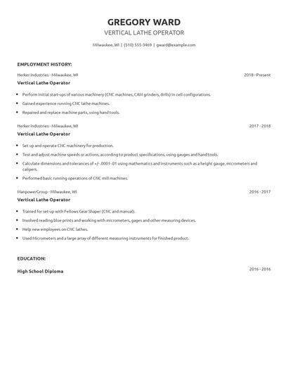 Vertical Lathe Operator Resume