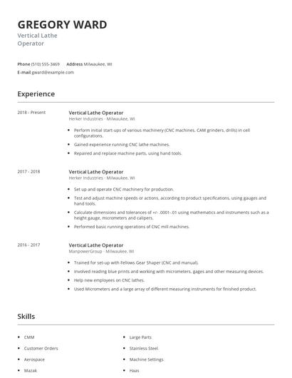Vertical Lathe Operator Resume