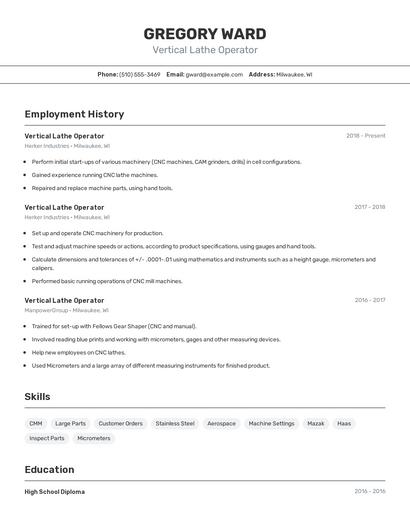 Vertical Lathe Operator Resume