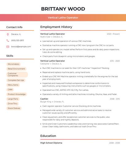 Vertical Lathe Operator Resume