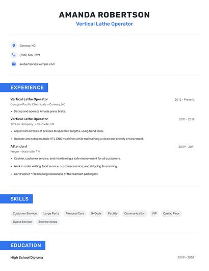Vertical Lathe Operator Resume