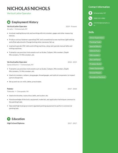 Vertical Lathe Operator Resume