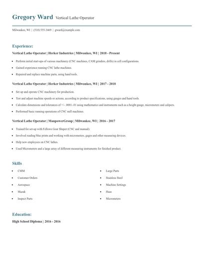 Vertical Lathe Operator Resume
