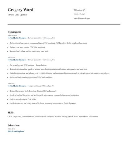 Vertical Lathe Operator Resume