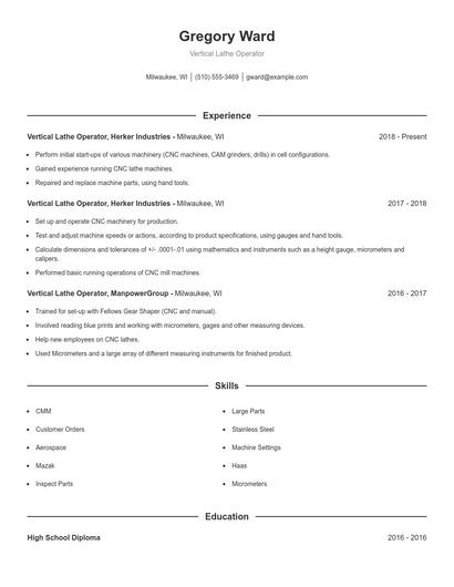 Vertical Lathe Operator Resume