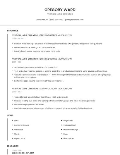 Vertical Lathe Operator Resume