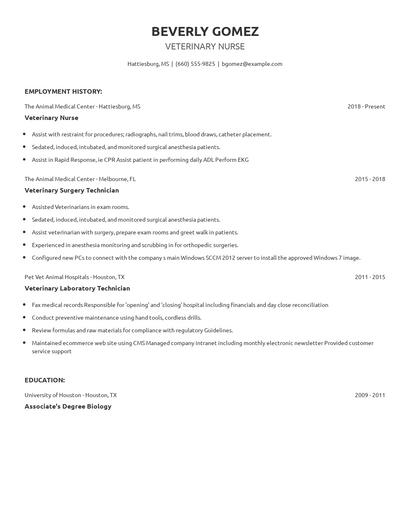 Veterinary Nurse Resume