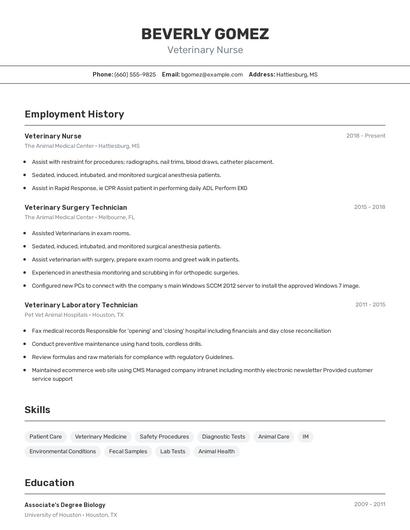 Veterinary Nurse Resume