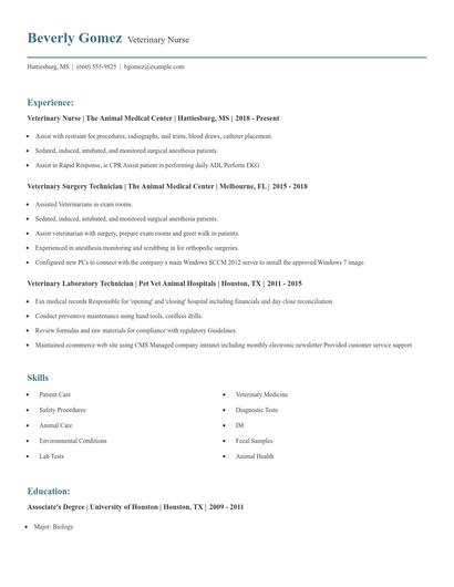 Veterinary Nurse Resume
