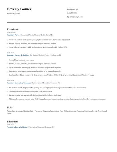 Veterinary Nurse Resume