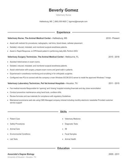 Veterinary Nurse Resume