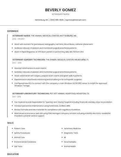 Veterinary Nurse Resume