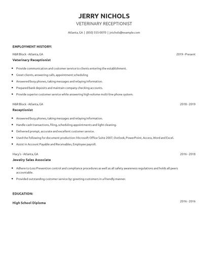 Veterinary Receptionist Resume