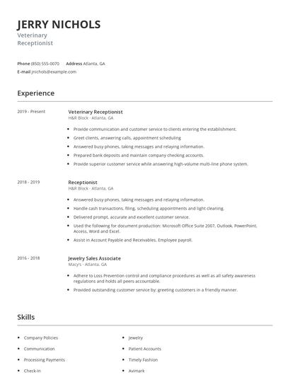 Veterinary Receptionist Resume