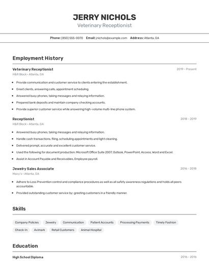 Veterinary Receptionist Resume