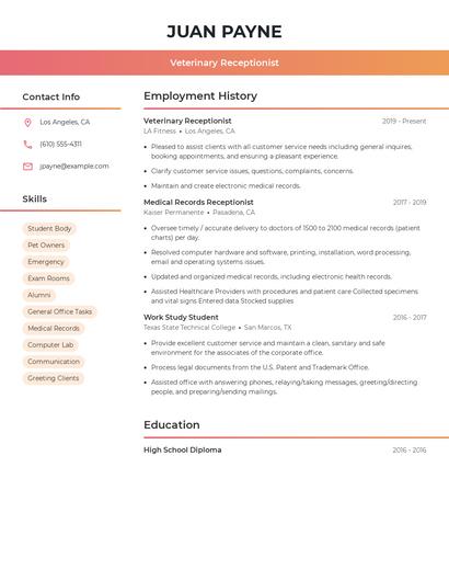 Veterinary Receptionist Resume