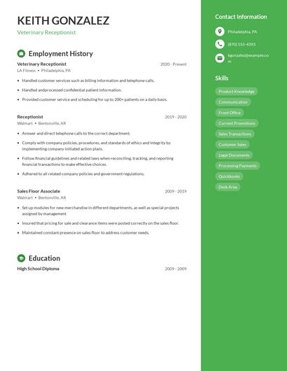 Veterinary Receptionist Resume