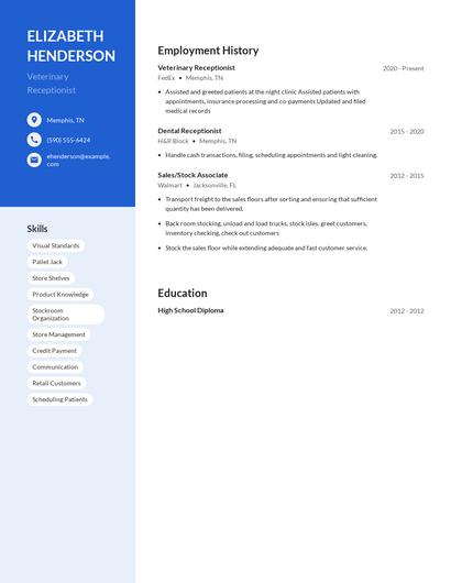 Veterinary Receptionist Resume