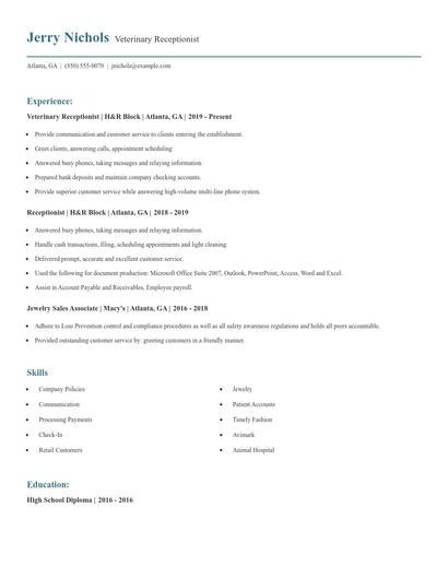 Veterinary Receptionist Resume