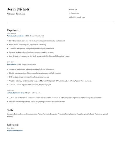 Veterinary Receptionist Resume