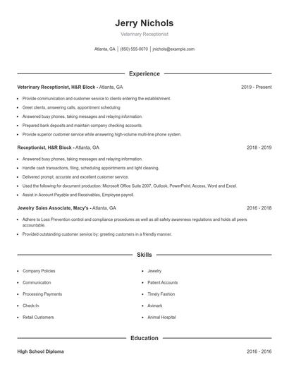 Veterinary Receptionist Resume