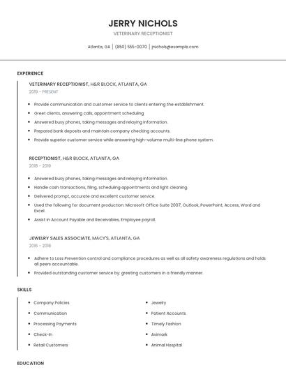 Veterinary Receptionist Resume