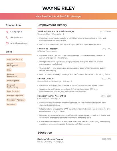 Vice President And Portfolio Manager Resume