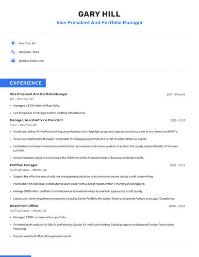 Vice President And Portfolio Manager Resume