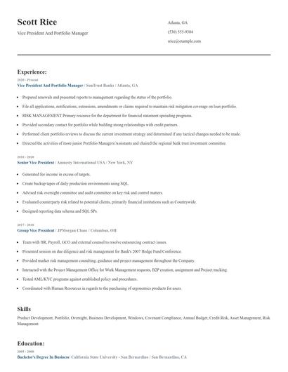 Vice President And Portfolio Manager Resume