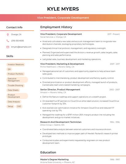 Vice President, Corporate Development Resume