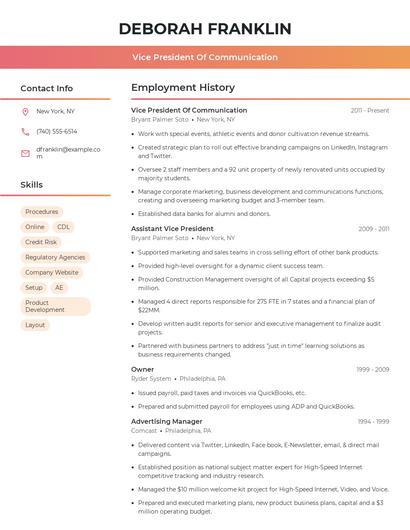 Vice President Of Communication Resume