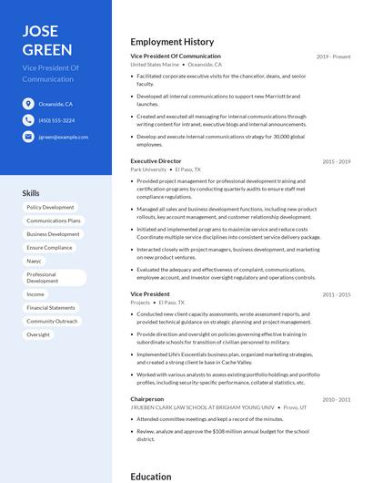 Vice President Of Communication Resume