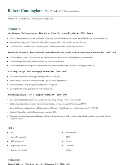 Vice President Of Communication Resume