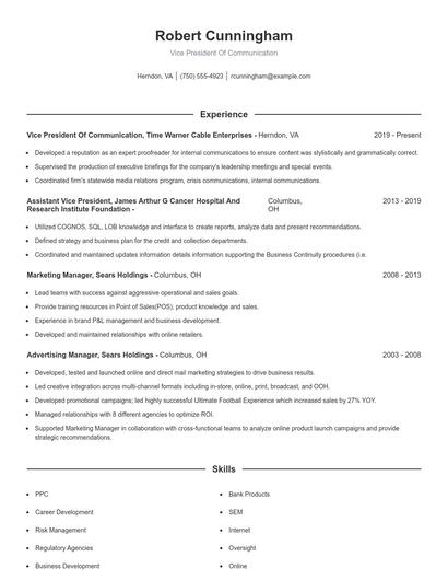 Vice President Of Communication Resume