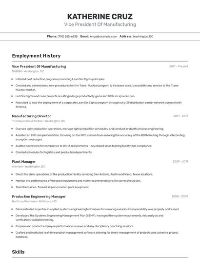 Vice President Of Manufacturing Resume