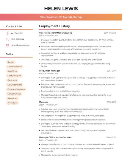 Vice President Of Manufacturing Resume