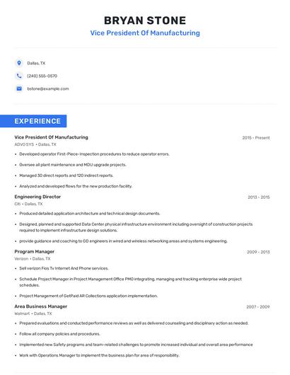 Vice President Of Manufacturing Resume
