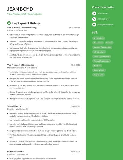 Vice President Of Manufacturing Resume