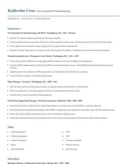 Vice President Of Manufacturing Resume