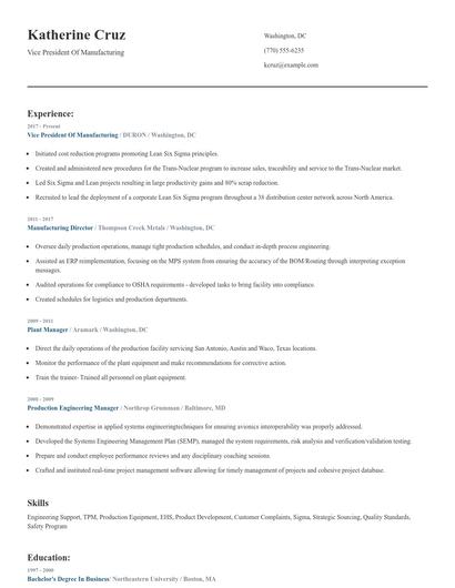 Vice President Of Manufacturing Resume
