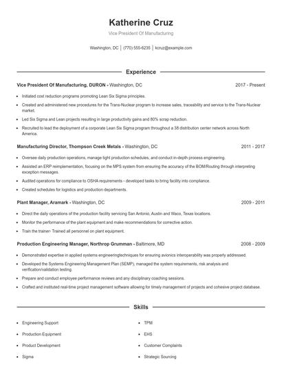 Vice President Of Manufacturing Resume