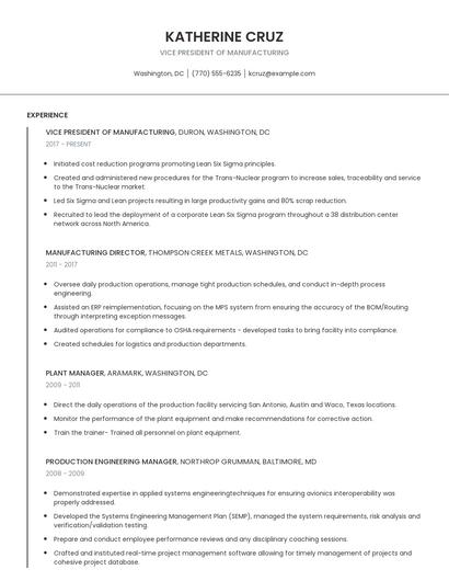 Vice President Of Manufacturing Resume